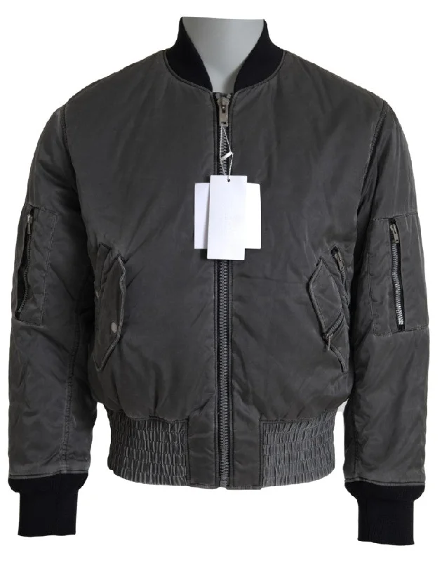 Durable Men's Car CoatsElegant Gray Bomber Jacket Full Zip Closure