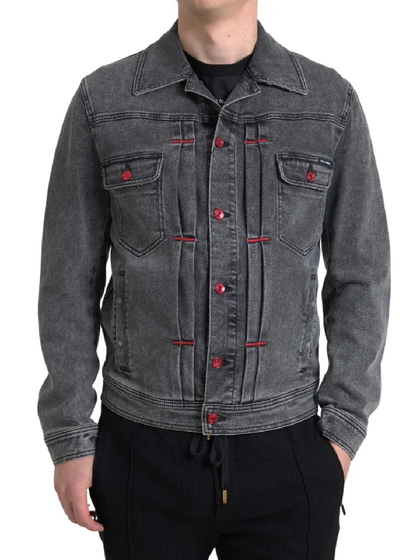 Stylish Men's Biker JacketsElegant Gray Stretch Denim Jacket