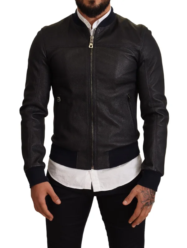 Men's Coats with Down InsulationElegant Leather Bomber Jacket In Dark Blue