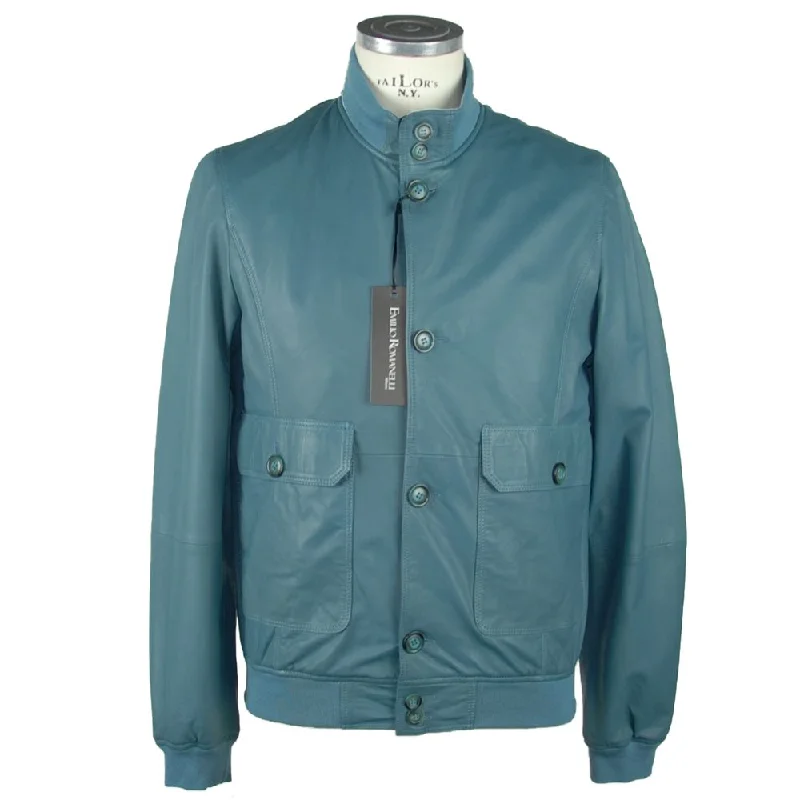 Men's Coats with Patchwork DesignsElegant Petrol Blue Leather Jacket