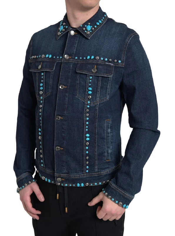 Affordable Men's Winter CoatsEmbellished Turquoise Denim Jacket
