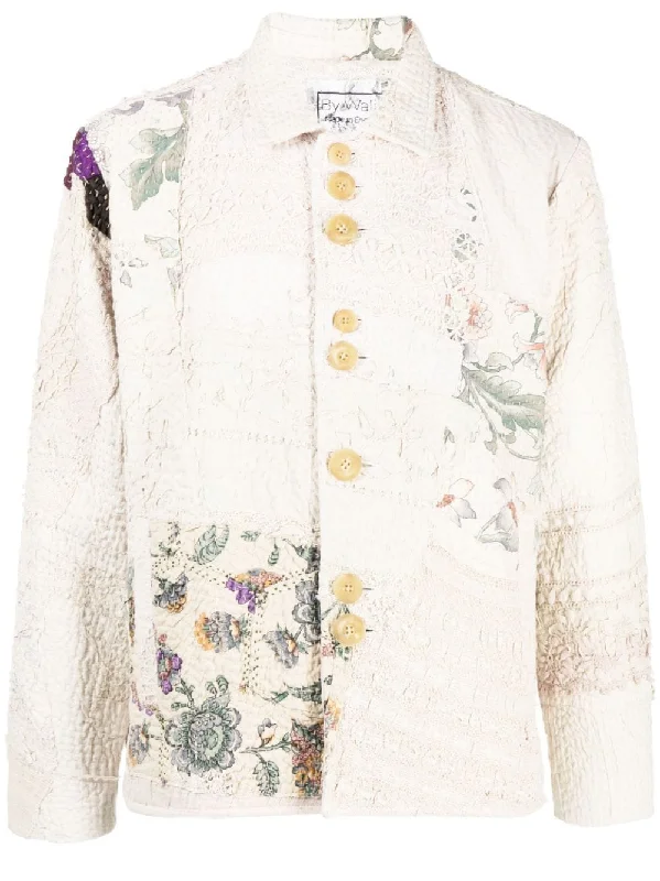 Men's Coats with Multi-Pocket DesignEmbroidered-Patchwork Cotton Shirt Jacket