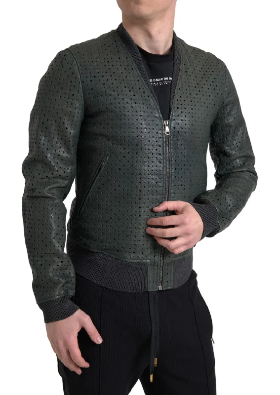 Men's Coats for AutumnEmerald Green Goatskin Bomber Jacket