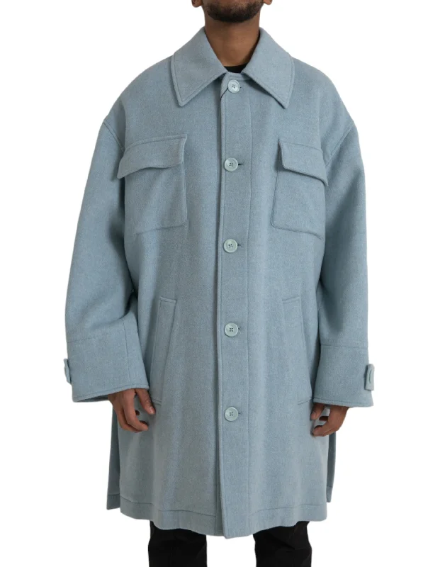 Men's Coats for Formal EventsLight Blue Wool Button Trench Coat Jacket