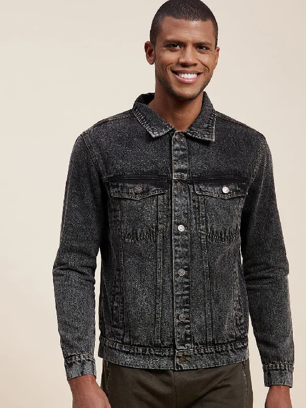 Men's Coats with Snap ButtonsMen's Black Washed Denim Jacket