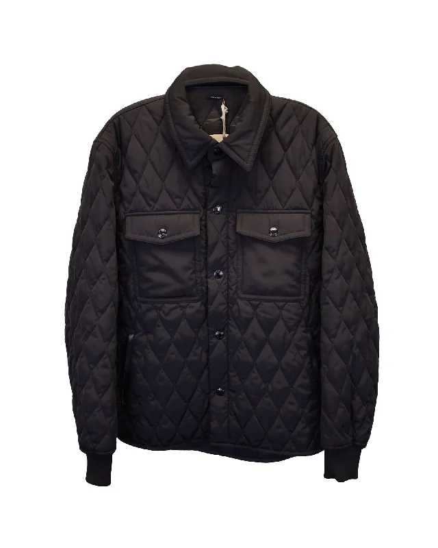Men's Coats with Military InfluenceLeather-Trimmed Quilted Jacket in Black Polyester Men's Coats with Military InfluenceLeather-Trimmed Quilted Jacket in Black Polyester