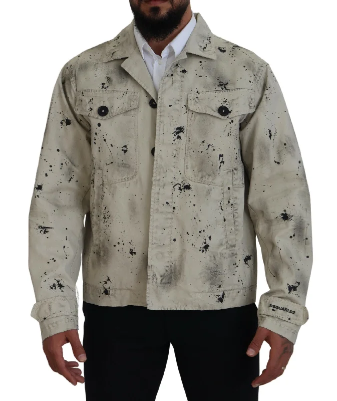 Functional Men's Ski JacketsOff White Black Splash Print Casual Denim Jacket