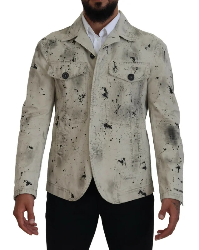 Men's Coats with Ripstop FabricOff White Black Splash Print Casual Denim Jacket