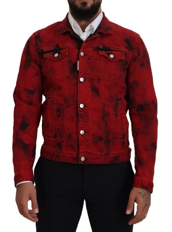 Men's Coats with Inner PocketsRed Black Tie Dye Collared Men Denim Jacket