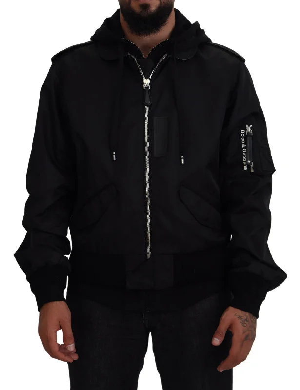 Men's Coats for Rainy WeatherSleek Black Hooded Bomber Jacket