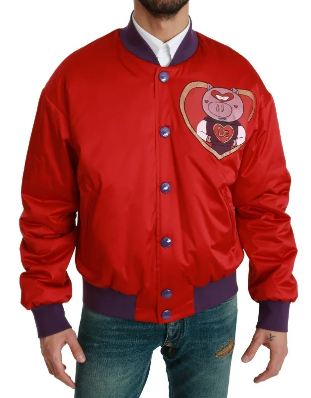 Men's Coats for HikingVibrant Red Bomber Jacket With Multicolor Motif